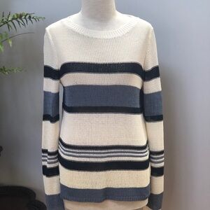 𝅺Ann Taylor‎ Blue Cream stripped knit  sweater size M  #w1026